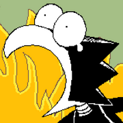 Pixel art of a shocked Tokoyami with orange flames as the background.